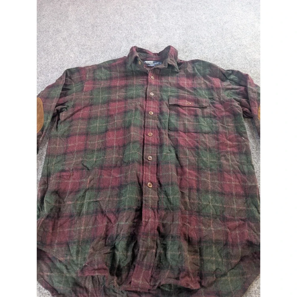 Vintage Polo Ralph Lauren Shirt Mens L  Plaid Patch Elbow Made In USA 100% Wool